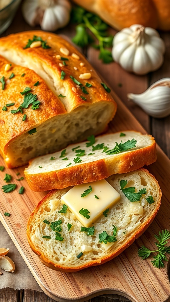 Sliced garlic bread on a wooden board, topped with garlic and parsley, in a cozy kitchen setting.